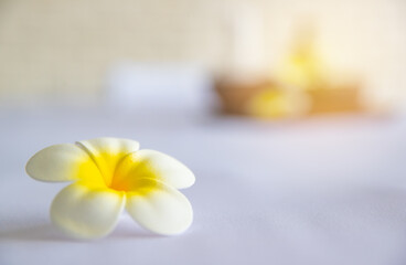 Closeup shot of Thai massaging stuffs herbal towel compress ball, coconut oil, perfume, cosmetics and plumeria flower in wooden tray placing on massage bed in spa therapy preparing for customer