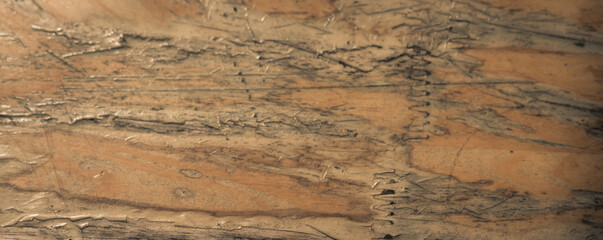 BANNER Real abstract background. Copy space damaged rustic cracked old board table jagged outlines agate gray light brown colour wall, grunge texture. Fatal circumstances mood. Construction, antiquity