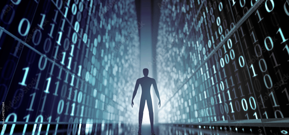 Poster abstract man in a science fiction digital world - 3d rendering