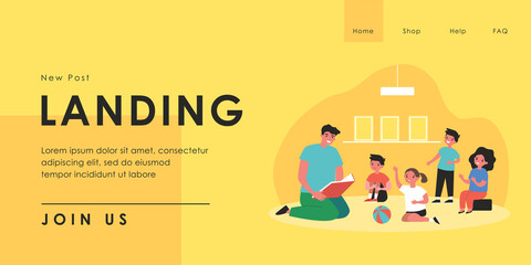 Teacher reading book to group of children. Flat vector illustration. Kids sitting on floor and listening to story, asking questions to man. Kindergarten, elementary school, reading, fairytale concept