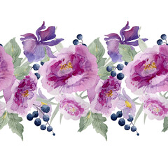 Pink, purple flower. Watercolor illustration. Seamless horizontal background.