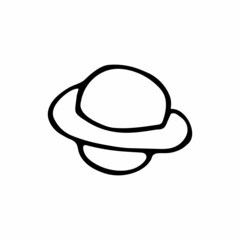 Doodle sticker. Hand-drawn Planet Saturn isolated on white background. Outline astronomical object. Simple cosmic body image. Astronomy, astrology, mystery symbol. Vector science line illustration