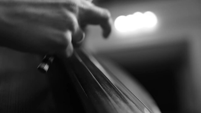 Musician playing cello strings with hands and bow