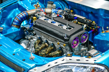 Details of blue car engine. Modification of the turbo engine