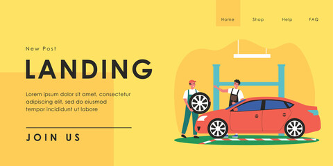 Male workers repairing car flat vector illustration. Cheerful men in uniform replacing tires. Auto service, diagnostics, transport concept for banner, website design or landing web page - obrazy, fototapety, plakaty