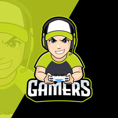 Gamer boy cartoon illustration with headphones and hat. Gaming mascot logo vector for streamer, badge or esport team © tkzgraphic