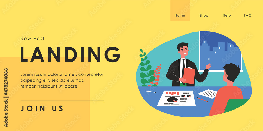 Poster businessman with documents talking to man at office table. human recourses manager telling about com