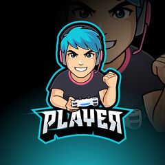 Winning gamer boy vector mascot logo illustration for esport gaming, background, badge or streamer - obrazy, fototapety, plakaty
