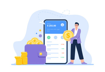 Sending and receiving payment with a smartphone. Digital bank or electronic wallet phone app, mobile money transactions concept. Vector flat illustration.