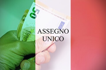 Italian flag with a hand holding euros as background.