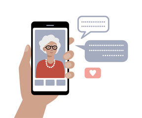 Elderly lady on smartphone. Video call with grandmother. Senior citizen using modern technology.