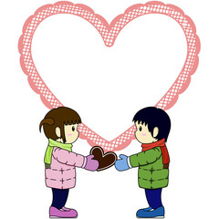 女の子が男の子にチョコレートを渡すイラスト（アウトラインあり）