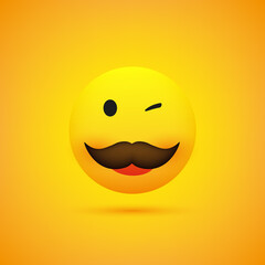 Smiling, Winking Emoji - Simple Happy Emoticon with Mustache on Yellow Background - Vector Design