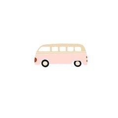 Pink beach bus. Toy car. Automobile. Gift. Illustration. Isolated. Retro. Vintage. School. Trip.