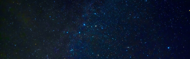 Panorama of the starry sky at night on a dark blue background with many stars and galaxies