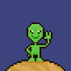 Obraz premium colorful simple flat pixel art illustration of cartoon friendly smiling green alien standing on the planet