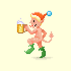 colorful simple flat pixel art illustration of cartoon fantasy naked dancing devil, elf, gremlin, troll, satyr, faun, pan or goblin in red santa hat with a glass of beer