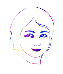 Drawn linear portrait of a smiling teenage girl on a white background. Multicolored simple vector sketch.
