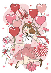 プレゼントとハートの風船を持った女性