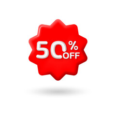 50 percent price off icon or label. 3d sale or discount badge or price tag for promo design. Vector illustration.