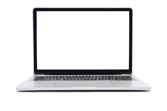 The front view of the laptop is a blank white screen on a white background which has a copy space for inserting text or images. Laptop with blank screen isolated on white background.