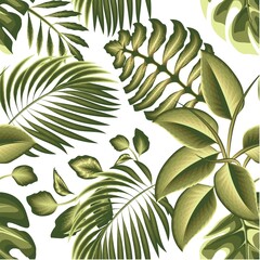 Exotic green rainforest illustration seamless pattern with tropical coconut monstera leaves and plants foliage in monochromatic style on light background. nature decorative. summer themed. texture 