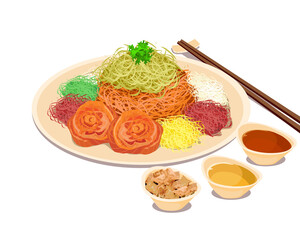 Isolated close up YuSheng, yee sang or yuu sahng, or Prosperit. salmon fish raw and vegetables salad.Chinese food and chopsticks on a table. 