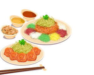 YuSheng, salmon fish raw and vegetables salad and a variety of sauces and condiments with sauce and bread. Chinese food and chopsticks on a table. Isolated close up yee sang or yuu sahng, or Prosperit