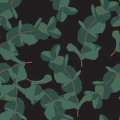 Floral seamless pattern with eucalyptus branches. Delicate  background for fabrics, clothes, linen, printing on stationery, web. Eucalyptus leaves on black background.