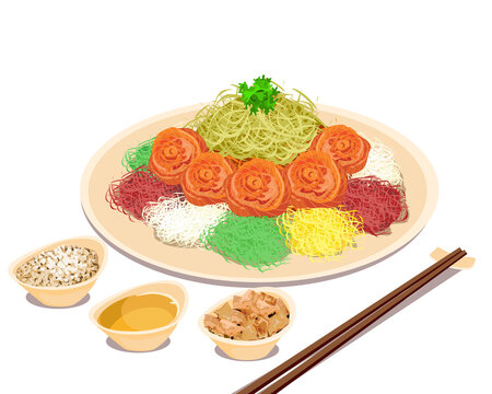 Yu Sheng, Salmon Fish Raw And Vegetables Salad And A Variety Of Sauces And Condiments With Sauce And Bread. Chinese Food And Chopsticks On A Table. Isolated Close Up Yu Sheng Vector Illustration 