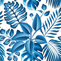 realistic blue rainforest illustration seamless pattern with tropical coconut monstera leaves and plants foliage in monochromatic style on white background. wallpaper decor. nature texture. summer