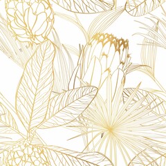 Exotic tropical floral golden line flowers, magnolia branch, protea, fan palm leaves seamless pattern. White background. Golden floral wallpaper. 