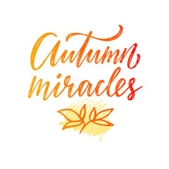 Vector illustration of autumn miracles lettering for banner, advertisement, postcard, poster, product design. Handwritten creative text for autumn festival for web or print
