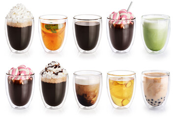 Collection of hot and cold drinks in double walled glass on white background. Cocoa, coffee, tea,...