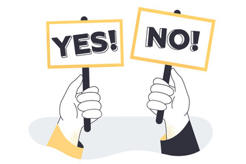 Human hands holding banners saying Yes and No text in bold font on white background. Test question and correct answer choice flat vector illustration. Survey, check running concept