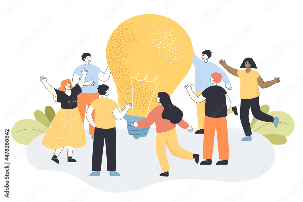 Poster group of tiny people standing around lightbulb at office meeting. work community creating new idea o