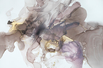 Gold Spray on Black. Marble Paint. Alcohol Ink Golden Blur.