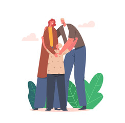 Loving Family Stand with Joined Arms, Parents and Child Bonding. Mother and Father Characters Holding Son Hands, Hugging