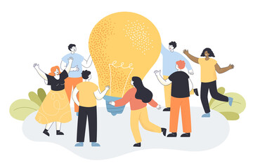 Group of tiny people standing around lightbulb at office meeting. Work community creating new idea or finding solution to problem flat vector illustration. Team brainstorming, business idea concept