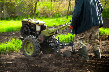 a man with the help of a mototechnics makes furrows on the soil for planting potatoes. High quality...