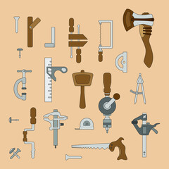 A set of carpentry tools. Ready-made elements for design. Vector illustration in a flat style. EPS10