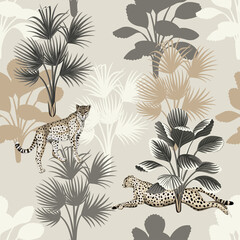 Tropische vintage dierlijke luipaard, palmbomen naadloze bloemmotief beige achtergrond. Exotisch junglebehang.