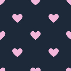 Seamless pattern with pink hearts on a blue background, ideal for printing, fabric, wrapping paper, cards, packaging, graphics. Birthday, Valentine's Day. Vector design.