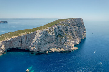 Aerial view of Capo Caccia next to Neptune Grotto in Alghero district, Sardinia