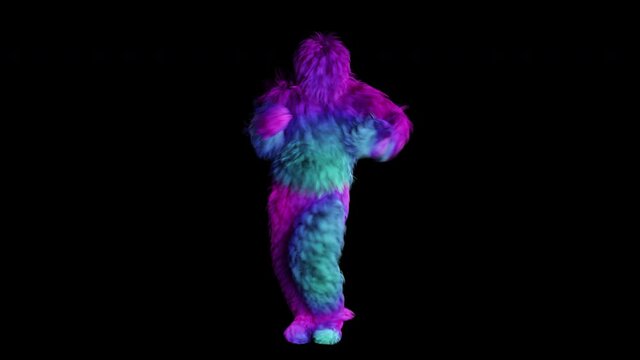 Loopable animation of a character in a colorful fur costume. Has alpha channel for perfect compositing over any background.