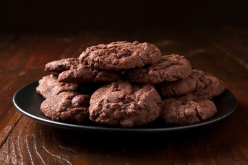 Close-up of a black plate with homemade triple chocolate chip cookies