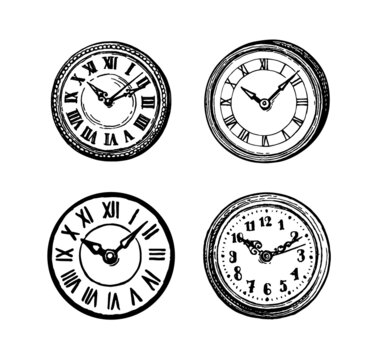 Ink sketch of clock dial faces.