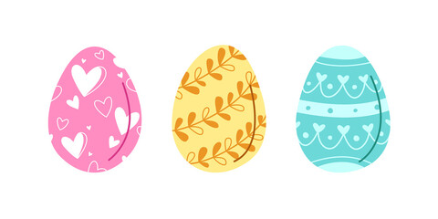 Easter eggs with hearts, floral ornament. Set of vector vintage hand drawn illustrations isolated on white background