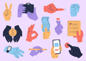 Set of colorful human hands with a different objects, clock, phone, pen, coin, banknote, camera and icons of various gestures. Vector illustration isolated on purple background. Flat cartoon style.