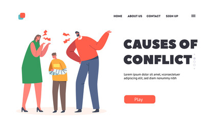 Causes of Conflict Landing Page Template. Angry Parents Scold Son, Mother and Father Yell on Boy. Family Problem